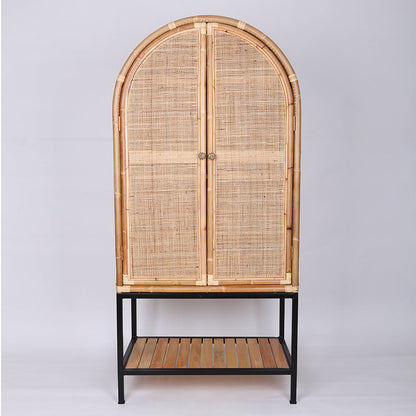 Contemporary Boho Handwoven Indonesian Rattan Solid Wood Iron Storage Cabinet - Arched Cabinet With Breathable Woven For Living Room