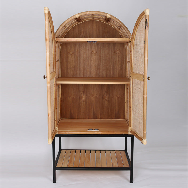 Contemporary Boho Handwoven Indonesian Rattan Solid Wood Iron Storage Cabinet - Arched Cabinet With Breathable Woven For Living Room