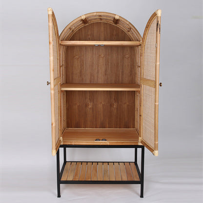 Contemporary Boho Handwoven Indonesian Rattan Solid Wood Iron Storage Cabinet - Arched Cabinet With Breathable Woven For Living Room