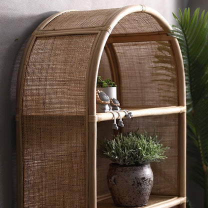 Contemporary Boho Handwoven Indonesian Rattan Solid Wood Storage Shelf - Arched Open 4-Tier Display Cabinet For Living Room