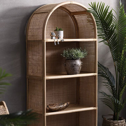 Contemporary Boho Handwoven Indonesian Rattan Solid Wood Storage Shelf - Arched Open 4-Tier Display Cabinet For Living Room