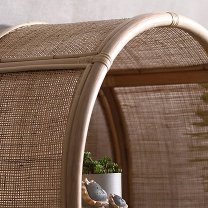 Contemporary Boho Handwoven Indonesian Rattan Solid Wood Storage Shelf - Arched Open 4-Tier Display Cabinet For Living Room