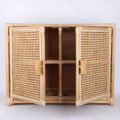Contemporary Boho Natural Rattan Wooden Storage Cabinet - Rectangular Handwoven Indonesian Rattan Storage Unit For Living Room