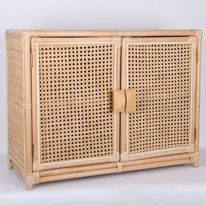 Contemporary Boho Natural Rattan Wooden Storage Cabinet - Rectangular Handwoven Indonesian Rattan Storage Unit For Living Room