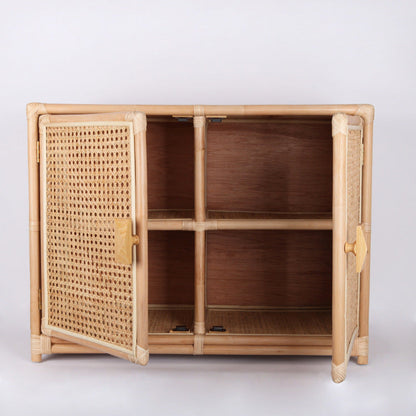 Contemporary Boho Natural Rattan Wooden Storage Cabinet - Rectangular Handwoven Indonesian Rattan Storage Unit For Living Room