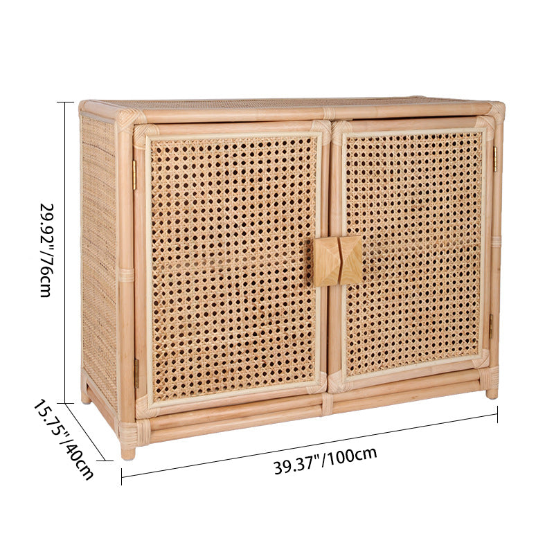 Contemporary Boho Natural Rattan Wooden Storage Cabinet - Rectangular Handwoven Indonesian Rattan Storage Unit For Living Room