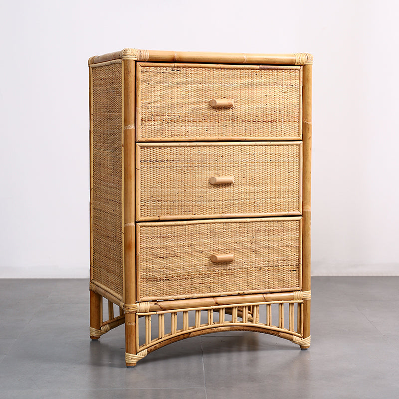 Contemporary Boho Natural Rattan Wooden Storage Cabinet - Rectangular 3-Drawer Handwoven Indonesian Rattan Storage Unit For Living Room