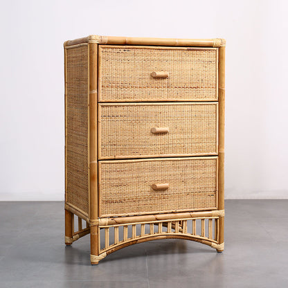 Contemporary Boho Natural Rattan Wooden Storage Cabinet - Rectangular 3-Drawer Handwoven Indonesian Rattan Storage Unit For Living Room