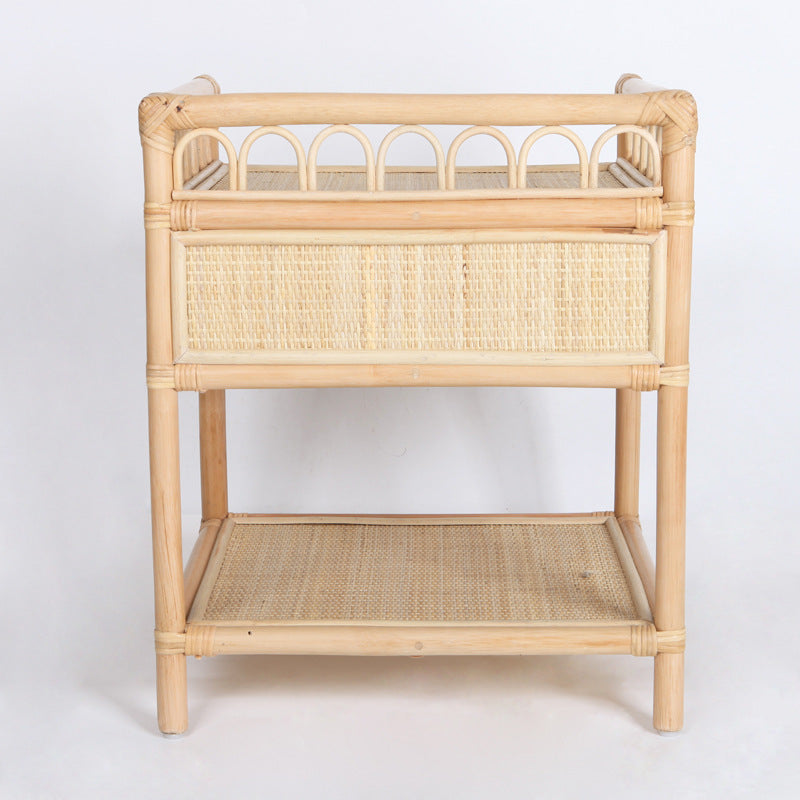 Contemporary Coastal Natural Rattan Handwoven Indonesian Rattan Nightstand - Rectangular Curved Drawer & Open Shelf For Bedroom