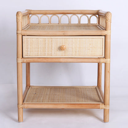 Contemporary Coastal Natural Rattan Handwoven Indonesian Rattan Nightstand - Rectangular Curved Drawer & Open Shelf For Bedroom