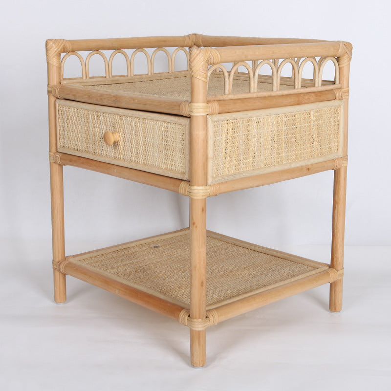 Contemporary Coastal Natural Rattan Handwoven Indonesian Rattan Nightstand - Rectangular Curved Drawer & Open Shelf For Bedroom