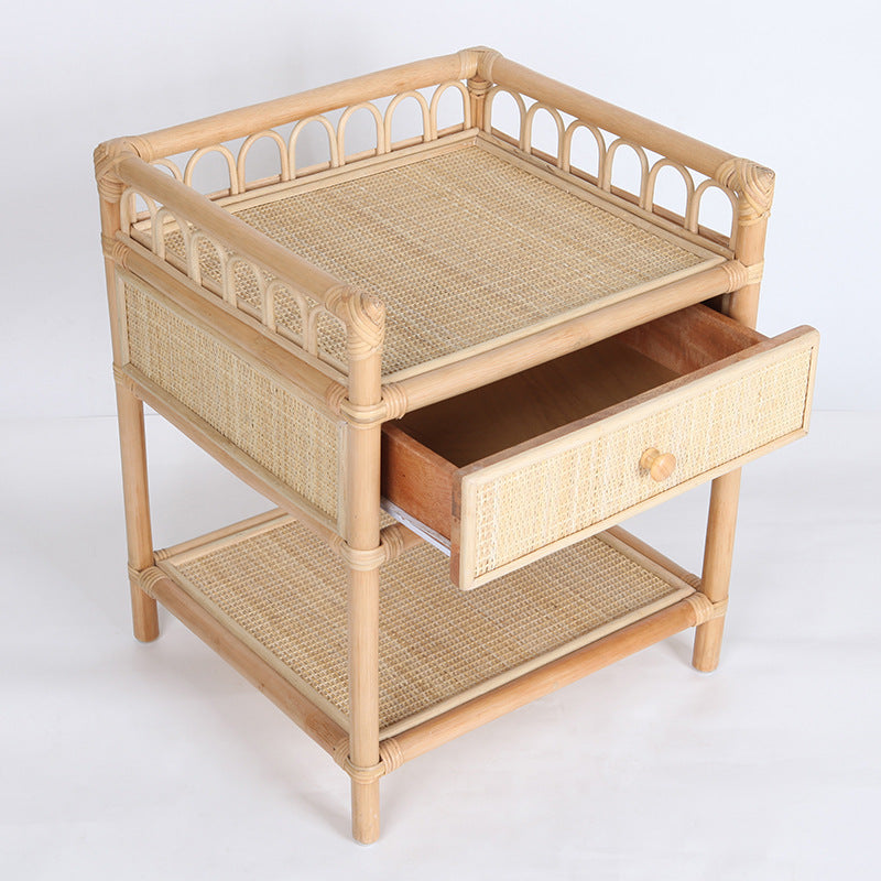Contemporary Coastal Natural Rattan Handwoven Indonesian Rattan Nightstand - Rectangular Curved Drawer & Open Shelf For Bedroom