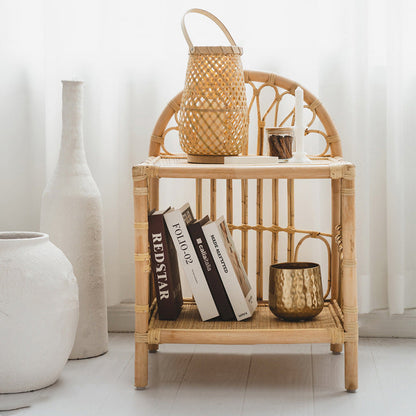 Contemporary Coastal Natural Rattan Handwoven Indonesian Rattan Side Table - Curved With V-Pattern Weave End Table For Living Room