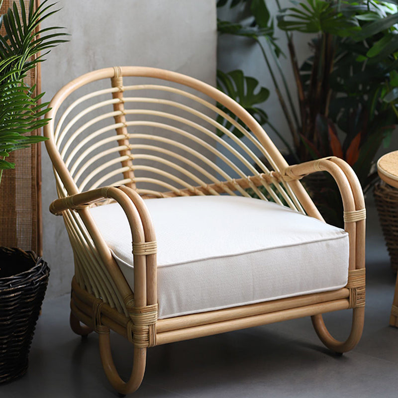 Contemporary Boho Natural Rattan Accent Chair - Curved Handwoven Indonesian Rattan Armchair With Waterproof Fabric Cushion For Living Room