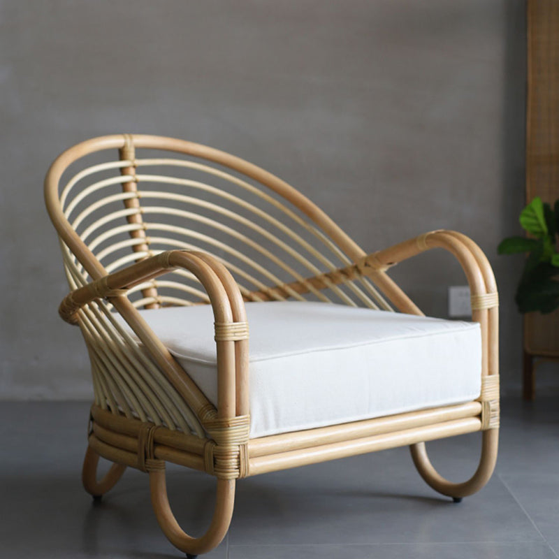 Contemporary Boho Natural Rattan Accent Chair - Curved Handwoven Indonesian Rattan Armchair With Waterproof Fabric Cushion For Living Room