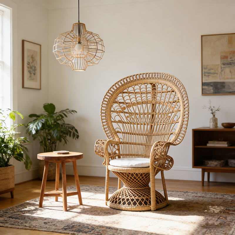Contemporary Boho Handwoven Indonesian Rattan Accent Chair - High Back Peacock Rattan Lounge Chair With Waterproof Fabric Cushion For Living Room