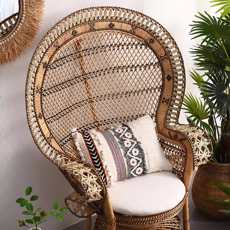 Contemporary Boho Handwoven Indonesian Rattan Accent Chair - High Back Peacock Rattan Lounge Chair With Waterproof Fabric Cushion For Living Room