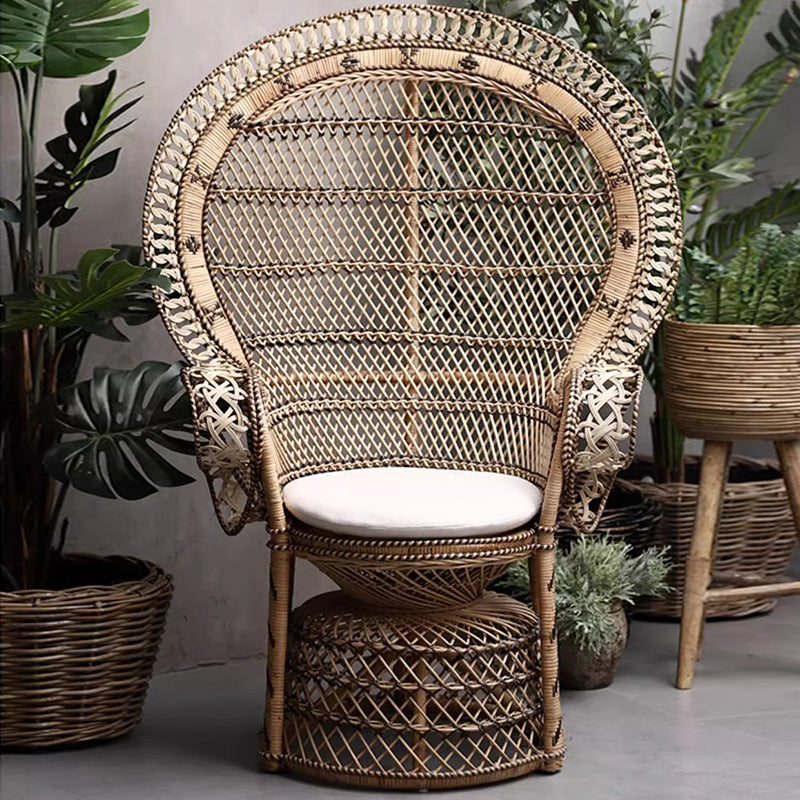 Contemporary Boho Handwoven Indonesian Rattan Accent Chair - High Back Peacock Rattan Lounge Chair With Waterproof Fabric Cushion For Living Room
