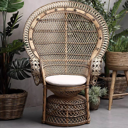 Contemporary Boho Handwoven Indonesian Rattan Accent Chair - High Back Peacock Rattan Lounge Chair With Waterproof Fabric Cushion For Living Room
