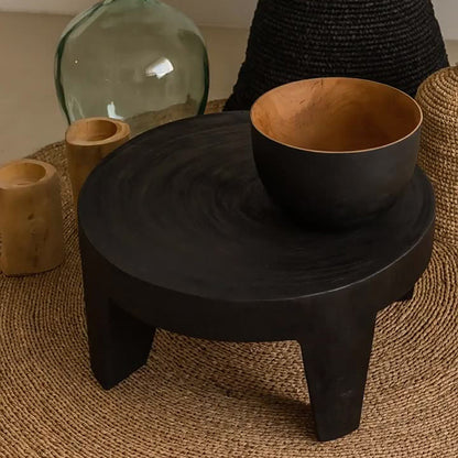 Traditional Rustic Solid Wood Round Coffee Table - Handcrafted Low Profile Sculptural Table For Living Room