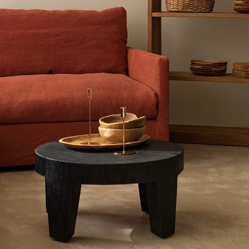 Traditional Rustic Solid Wood Round Coffee Table - Handcrafted Low Profile Sculptural Table For Living Room