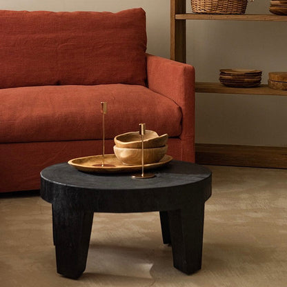 Traditional Rustic Solid Wood Round Coffee Table - Handcrafted Low Profile Sculptural Table For Living Room