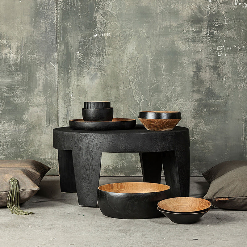 Traditional Rustic Solid Wood Round Coffee Table - Handcrafted Low Profile Sculptural Table For Living Room