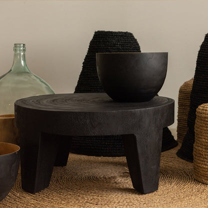 Traditional Rustic Solid Wood Round Coffee Table - Handcrafted Low Profile Sculptural Table For Living Room