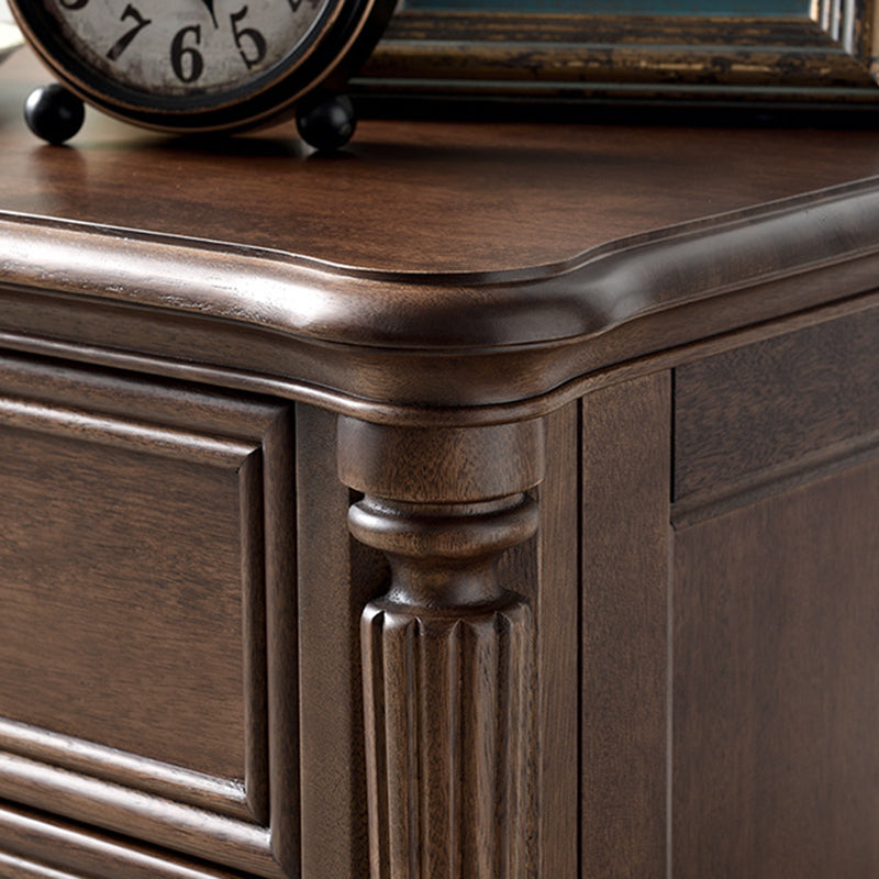 Traditional Vintage Rectangular Walnut Solid Wood Copper Nightstand 3-Drawer For Bedroom