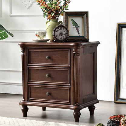 Traditional Vintage Rectangular Walnut Solid Wood Copper Nightstand 3-Drawer For Bedroom