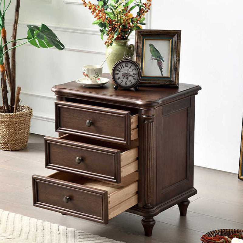 Traditional Vintage Rectangular Walnut Solid Wood Copper Nightstand 3-Drawer For Bedroom