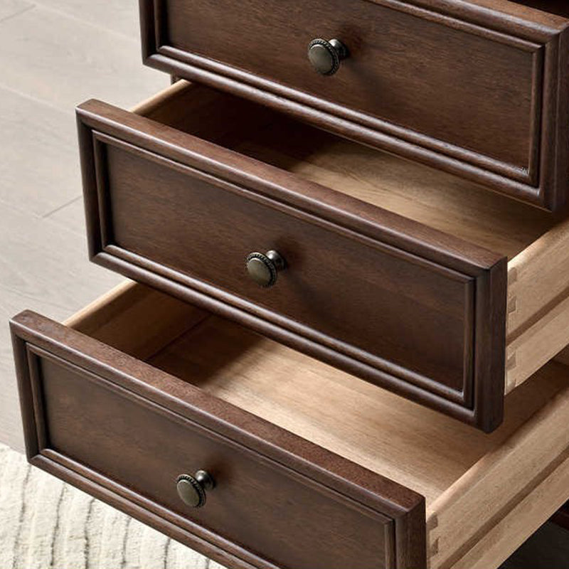 Traditional Vintage Rectangular Walnut Solid Wood Copper Nightstand 3-Drawer For Bedroom