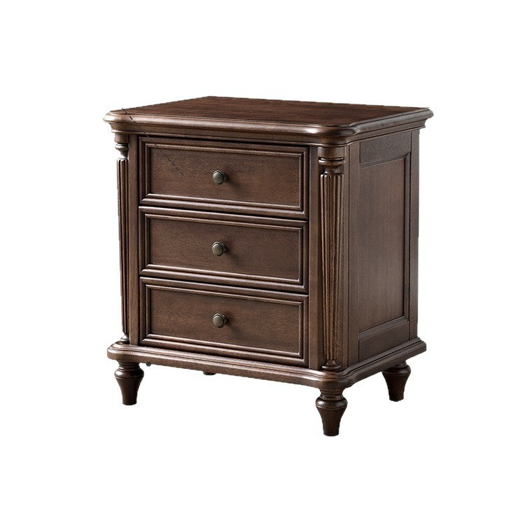 Traditional Vintage Rectangular Walnut Solid Wood Copper Nightstand 3-Drawer For Bedroom