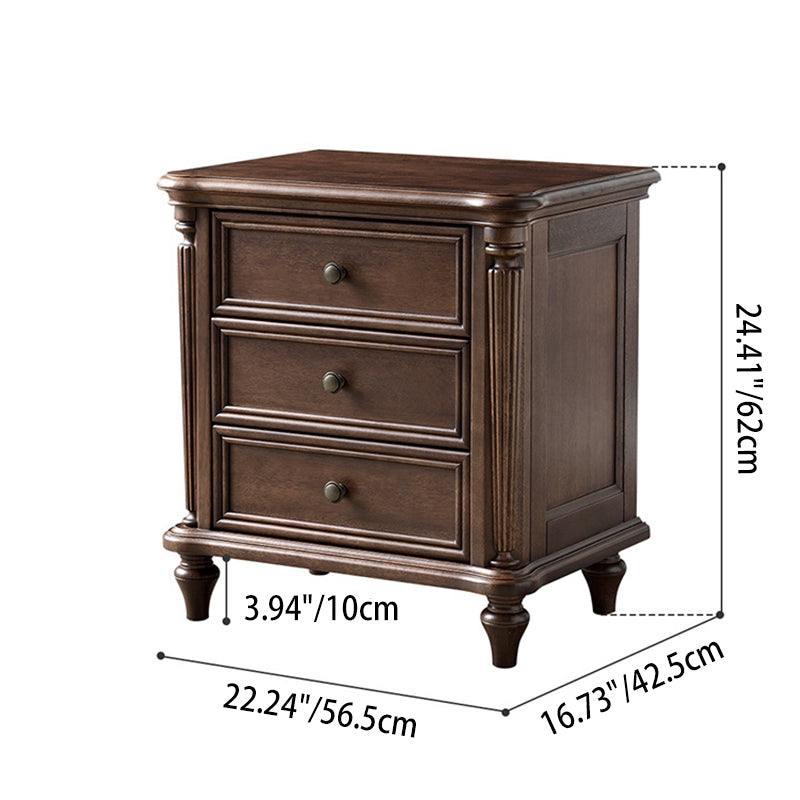 Traditional Vintage Rectangular Walnut Solid Wood Copper Nightstand 3-Drawer For Bedroom