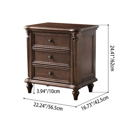 Traditional Vintage Rectangular Walnut Solid Wood Copper Nightstand 3-Drawer For Bedroom