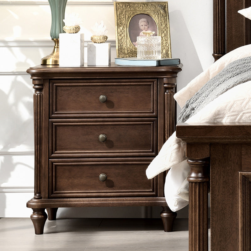 Traditional Vintage Rectangular Walnut Solid Wood Copper Nightstand 3-Drawer For Bedroom