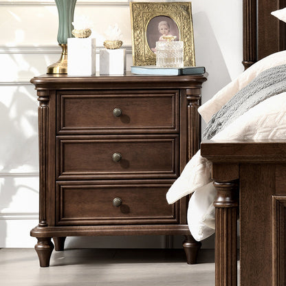 Traditional Vintage Rectangular Walnut Solid Wood Copper Nightstand 3-Drawer For Bedroom