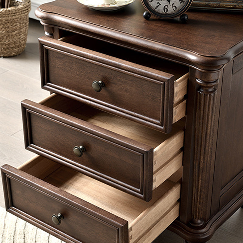 Traditional Vintage Rectangular Walnut Solid Wood Copper Nightstand 3-Drawer For Bedroom
