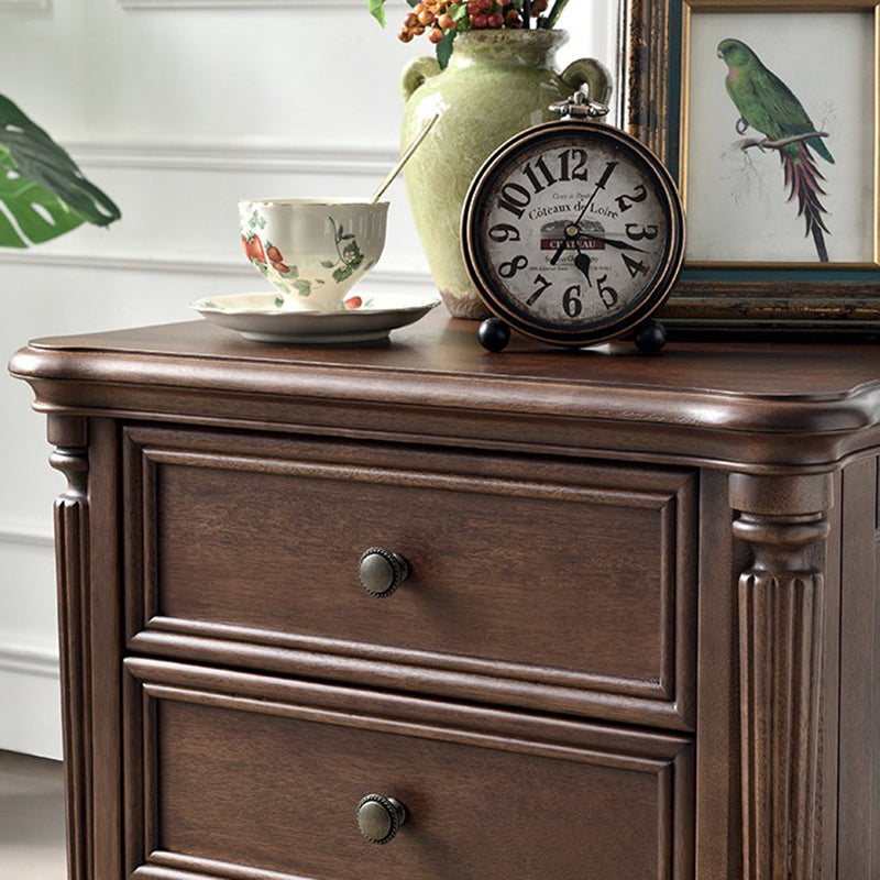 Traditional Vintage Rectangular Walnut Solid Wood Copper Nightstand 3-Drawer For Bedroom