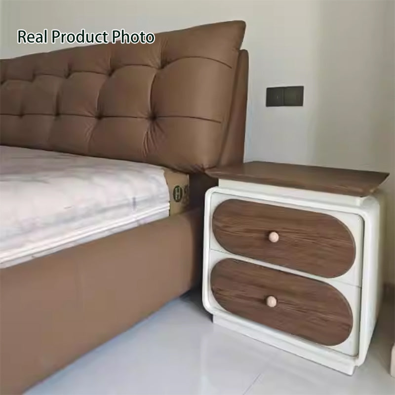 Modern Minimalist Rectangular Pine Solid Wood Cat-Scratch Leather Nightstand 2-Drawer For Bedroom