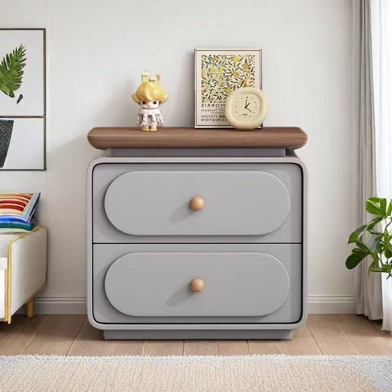 Modern Minimalist Rectangular Pine Solid Wood Cat-Scratch Leather Nightstand 2-Drawer For Bedroom