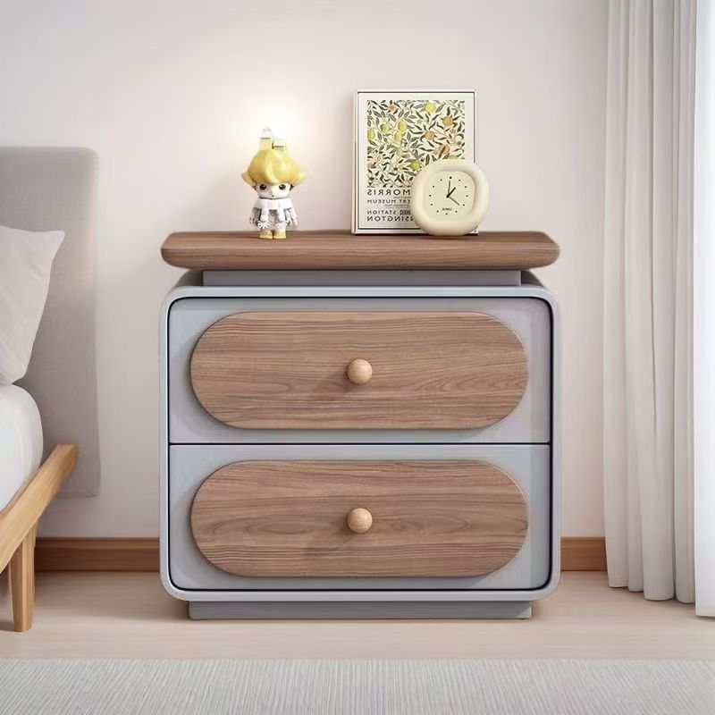 Modern Minimalist Rectangular Pine Solid Wood Cat-Scratch Leather Nightstand 2-Drawer For Bedroom