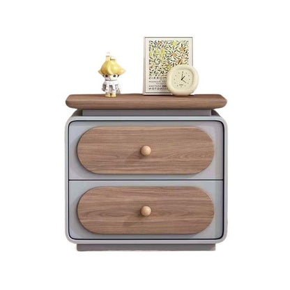 Modern Minimalist Rectangular Pine Solid Wood Cat-Scratch Leather Nightstand 2-Drawer For Bedroom