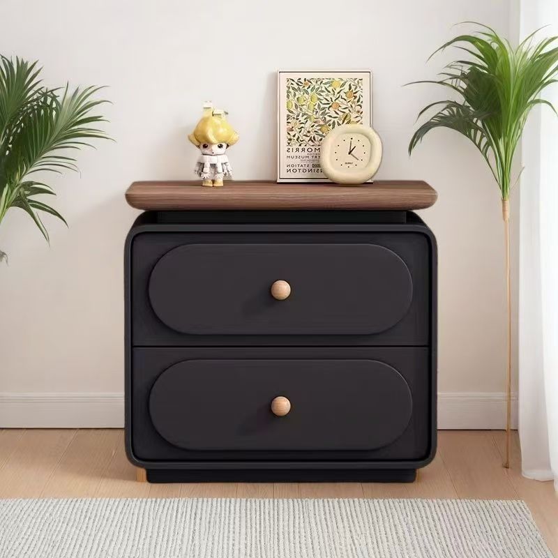 Modern Minimalist Rectangular Pine Solid Wood Cat-Scratch Leather Nightstand 2-Drawer For Bedroom