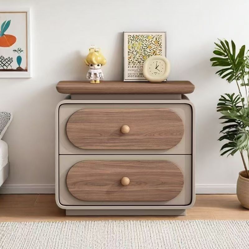 Modern Minimalist Rectangular Pine Solid Wood Cat-Scratch Leather Nightstand 2-Drawer For Bedroom