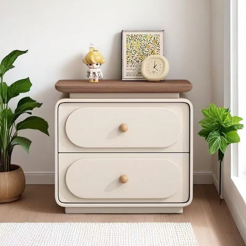 Modern Minimalist Rectangular Pine Solid Wood Cat-Scratch Leather Nightstand 2-Drawer For Bedroom