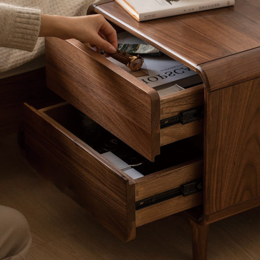 Contemporary Nordic Rectangular High-Leg Design Black Walnut Wood Paulownia Wood Nightstand 2-Drawer For Bedroom