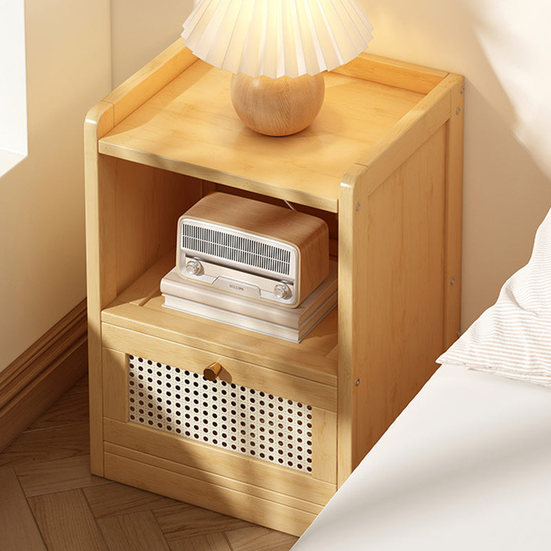 Traditional Japanese Rectangular Bamboo Fiber Board Plastic Rattan Nightstand 1 Drawer For Bedroom