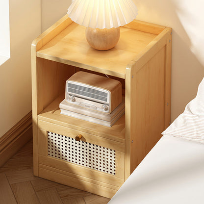 Traditional Japanese Rectangular Bamboo Fiber Board Plastic Rattan Nightstand 1 Drawer For Bedroom