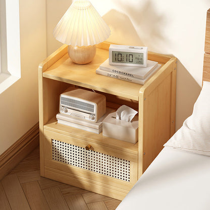 Traditional Japanese Rectangular Bamboo Fiber Board Plastic Rattan Nightstand 1 Drawer For Bedroom